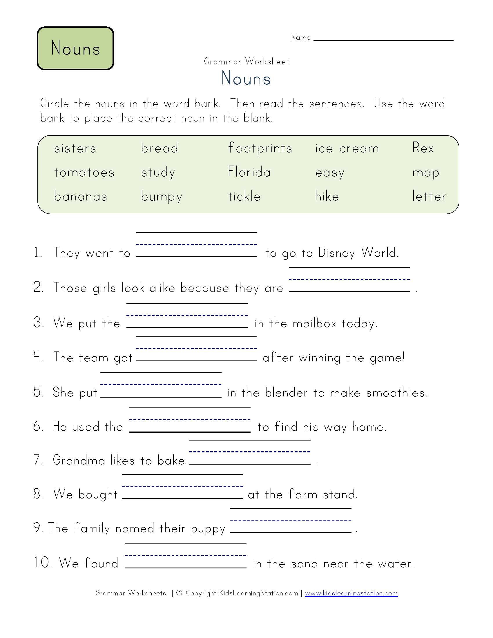 Grammar Worksheet Nouns LELA